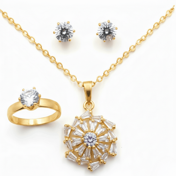 Tessara Gold-Plated Zirconia Floral & Solitaire Pendant Set