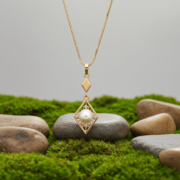 Tessara Gold-Plated White AD-Studded Geometric Pearl Pendant