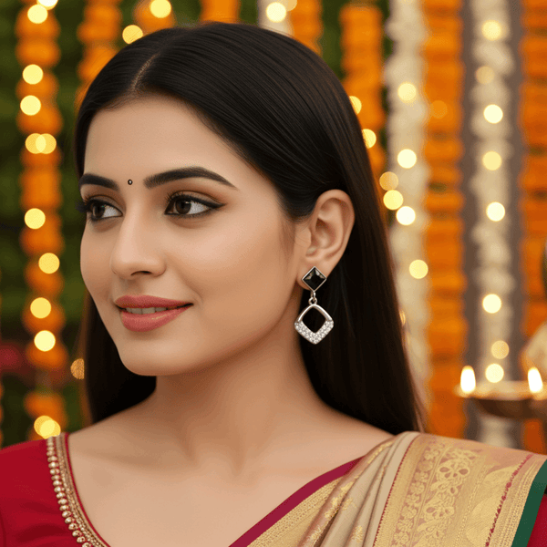 Tessara Sterling Silver Black Stone & Zirconia Drop Earrings