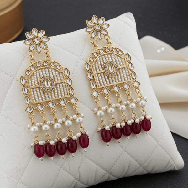 Tessara Gold-Plated Kundan Earrings with Maroon Beaded Tassels