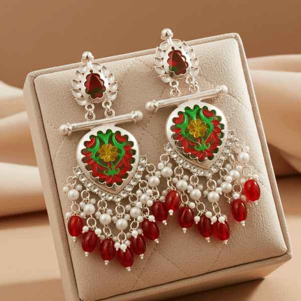 Tessara Silver-Plated Multicolor Meenakari Earrings with Ruby Red Beaded Tassels