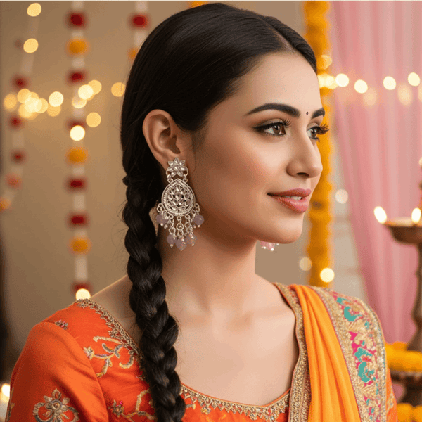 Tessara Silver Kundan Teardrop Danglers with Lavender Beads