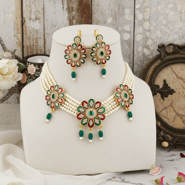 Tessara Copper Gold-plated Green, Red Jewel Set