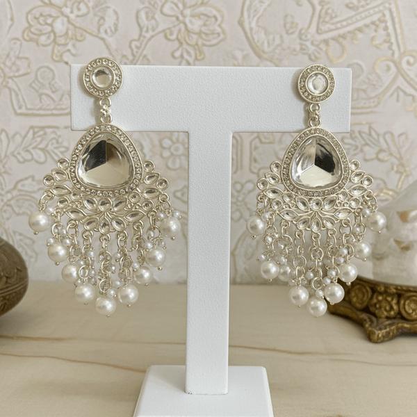 Tessara Silver-Plated Kundan & Pearl Chandelier Earrings in White
