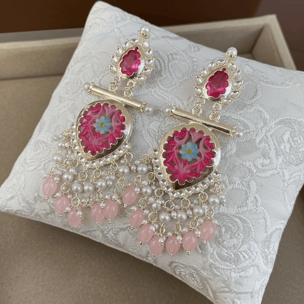 Tessara Silver-Plated Hand-Painted Meenakari Dangler Earrings with Pink Beads