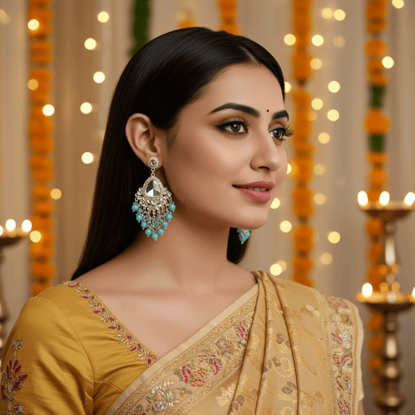 Tessara Silver-Plated Kundan Teardrop Earrings with Sky Blue Beaded Fringe