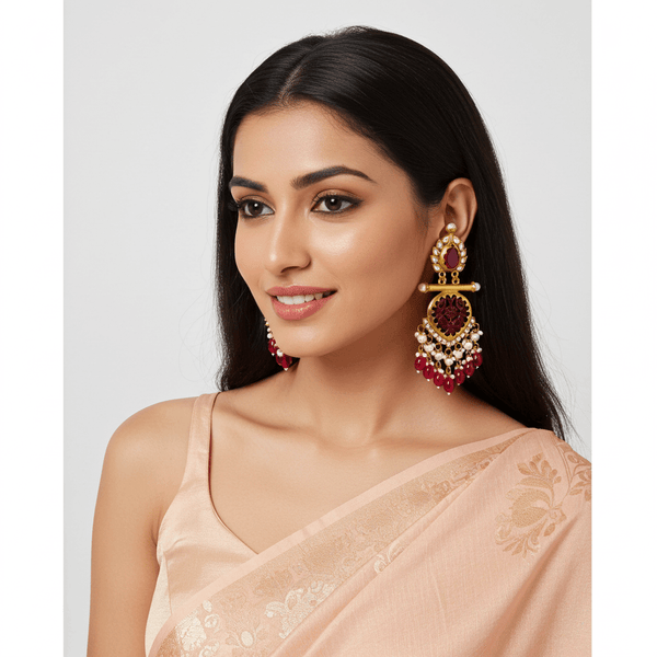 Tessara Gold Carved Stone & Pearl Danglers in Maroon