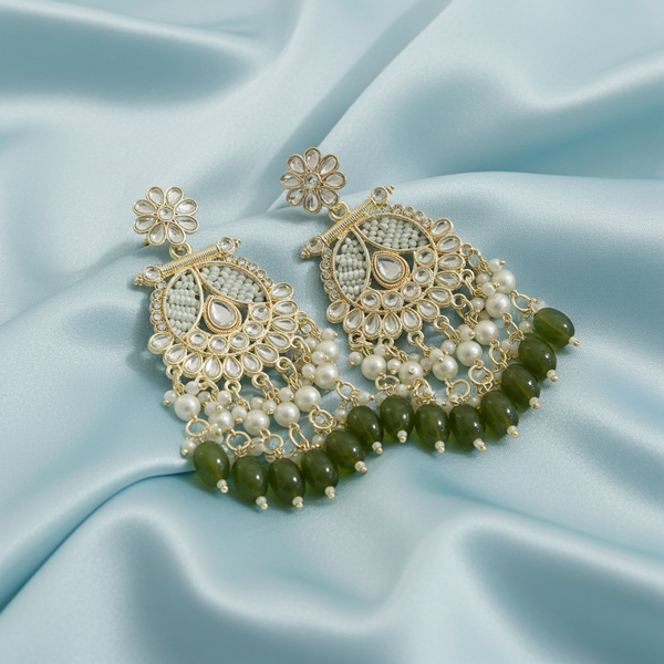 Tessara Gold-Plated Kundan & Pearl Chandbali Earrings with Mehendi Green Beads
