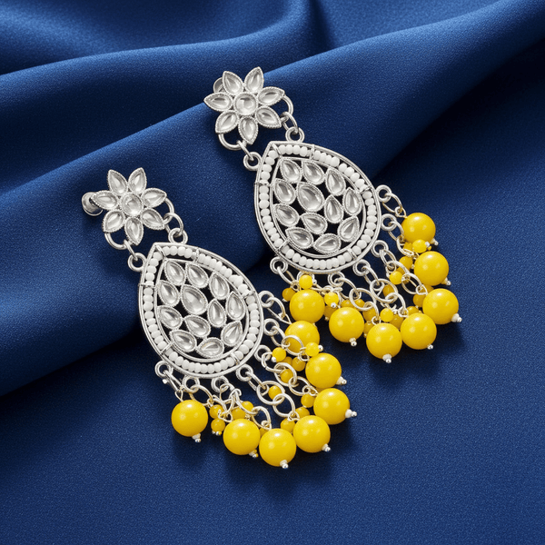 Tessara Silver Kundan Teardrop Danglers with Yellow Beads
