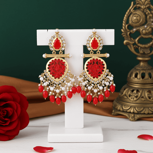 Tessara Gold Carved Stone & Pearl Danglers in Coral Red