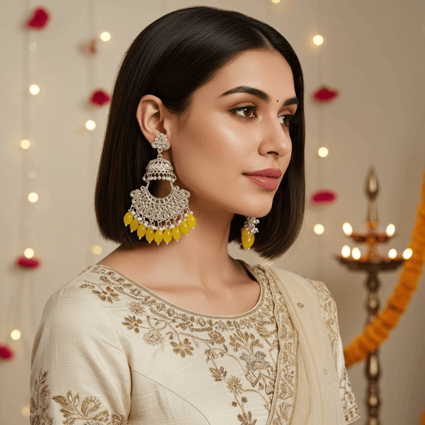 Tessara Gold-Plated Kundan Chandbali Earrings with Yellow Beads