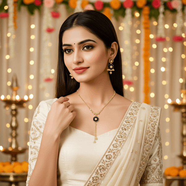 Tessara Gold-Plated Black & White AD-Studded Floral Tassel Pendant