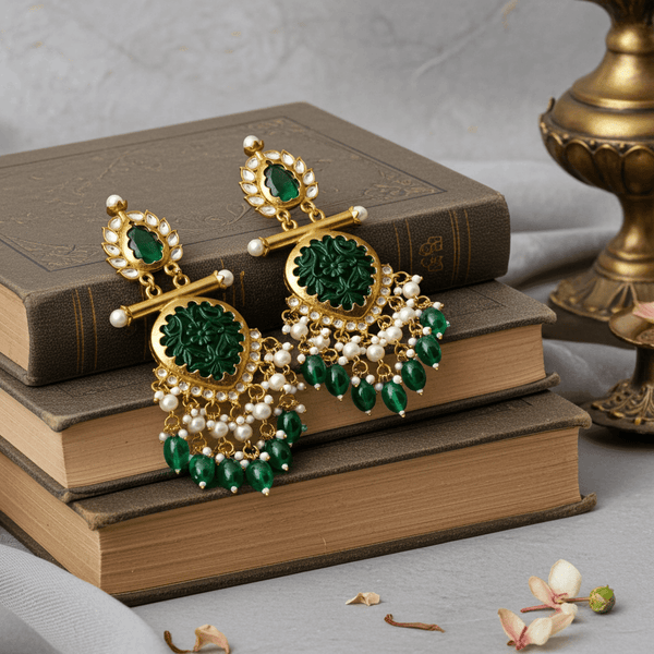Tessara Gold-Plated Carved Stone & Pearl Drop Earrings in Bottle Green