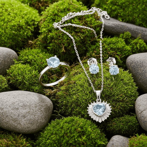 Tessara Silver-Plated Aqua Blue Baguette Heart Pendant Set with Ring