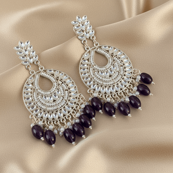 Tessara Silver-Plated Kundan Chandbali Earrings with Wine Beads