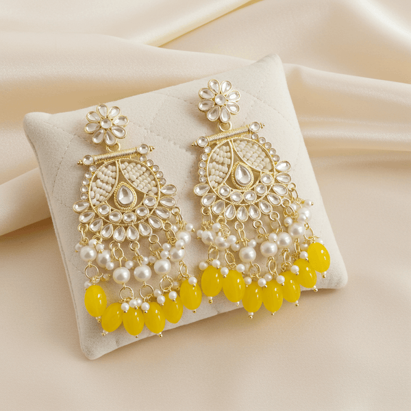 Tessara Gold-Plated Kundan & Pearl Chandbali Earrings with Yellow Beads
