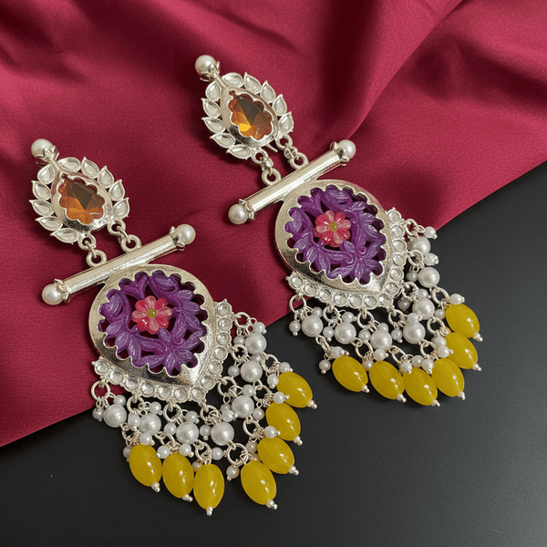 Tessara Silver-Plated Multicolor Carved Stone Earrings with Yellow Beaded Tassels