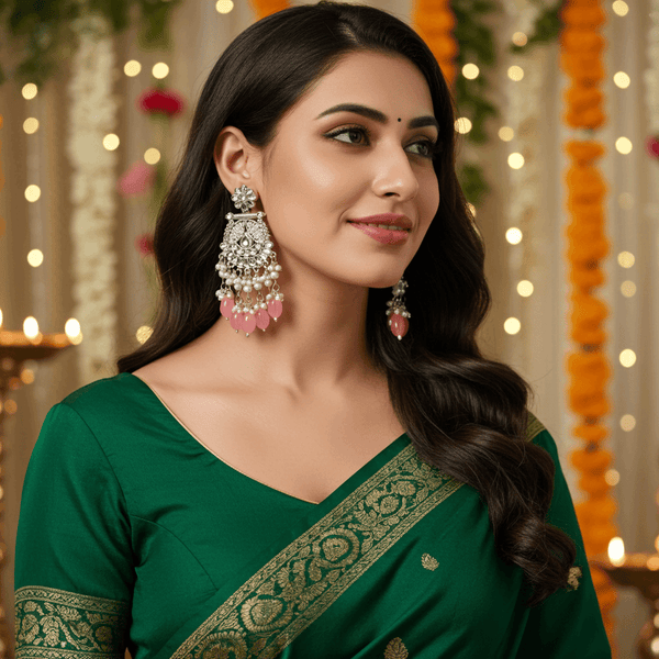 Tessara Silver-Plated Kundan Chandelier Earrings with Dusty Pink Beads