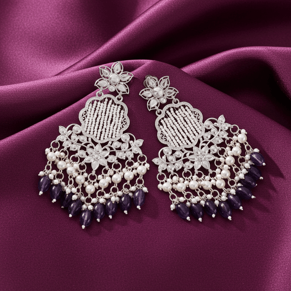 Tessara Silver Kundan Chandeliers with Purple Beads
