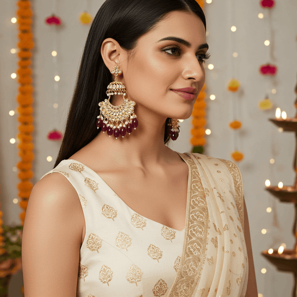 Tessara Gold Kundan Pearl Chandbali with Wine Beads