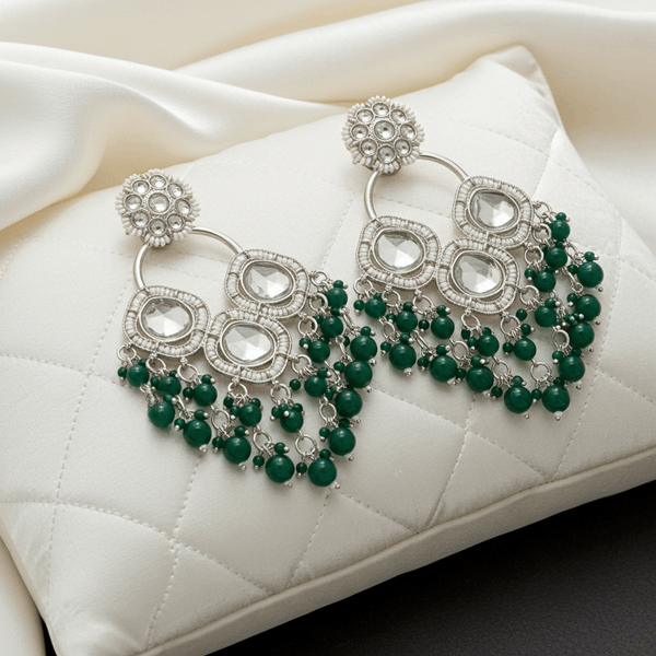 Tessara Silver-Plated Kundan Chandelier Earrings with Bottle Green Beaded Tassels