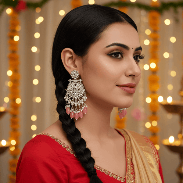 Tessara Silver-Plated Kundan Chandelier Earrings with Dusty Pink Beads