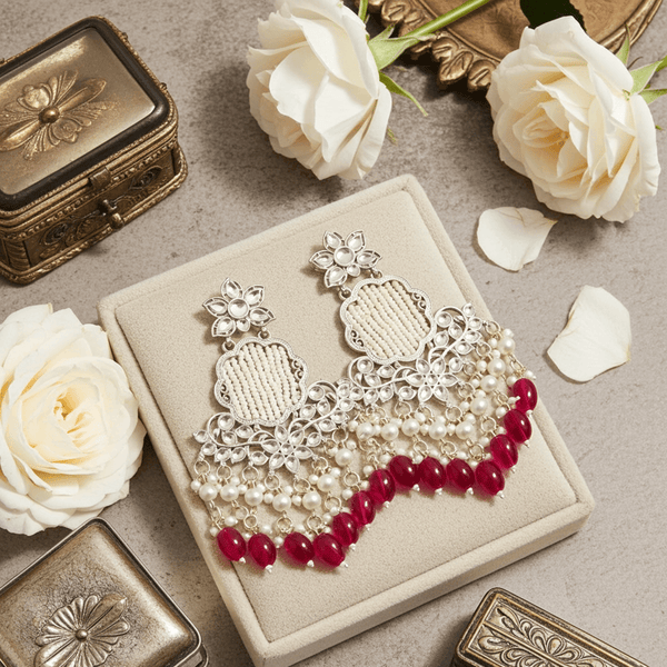 Tessara Silver Kundan Chandeliers with Rani Pink Beads