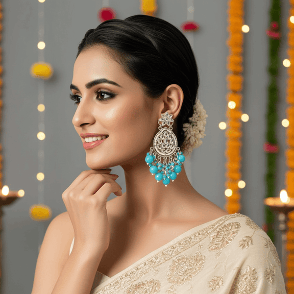 Tessara Silver Kundan Teardrop Danglers with Sky Blue Beads