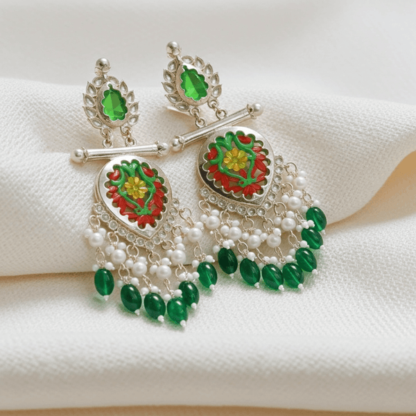 Tessara Silver-Plated Multicolor Meenakari Earrings with Green Beaded Tassels