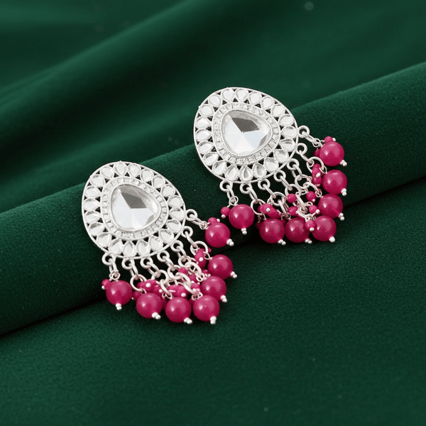 Tessara Silver-Plated Kundan Drop Earrings with Rani Pink Beaded Fringe