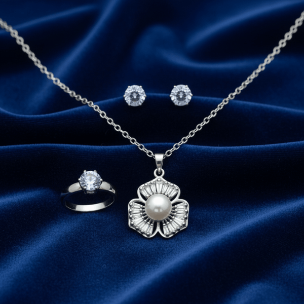 Tessara Sterling Silver Pearl & Zirconia Floral Pendant Set