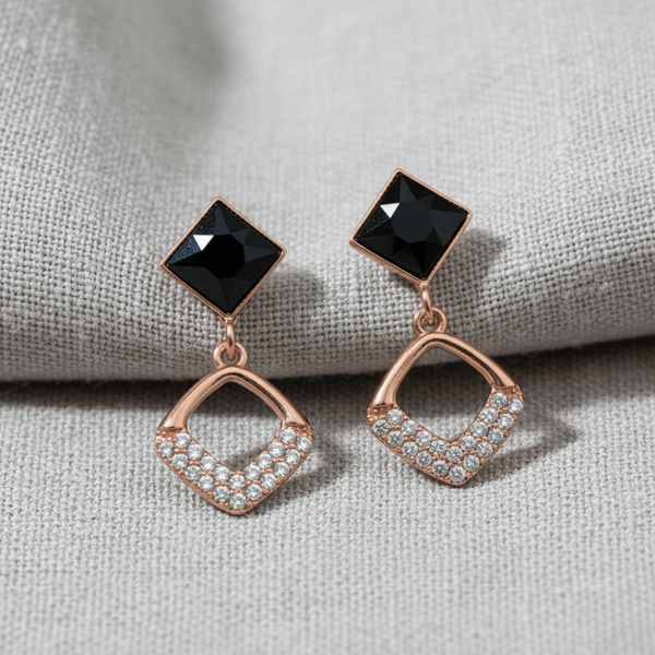 Tessara Rose Gold-Plated Black Stone & Zirconia Drop Earrings