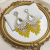 Tessara Silver-Plated Kundan Teardrop Earrings with Yellow Beaded Fringe