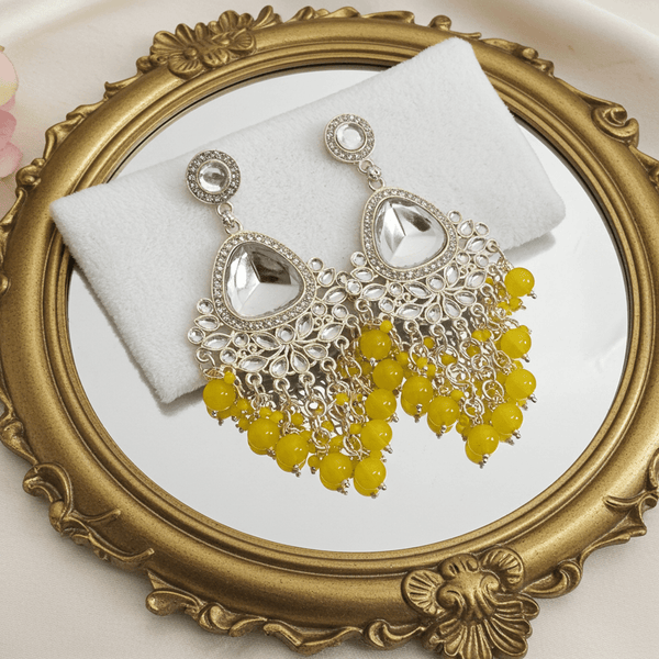 Tessara Silver-Plated Kundan Teardrop Earrings with Yellow Beaded Fringe
