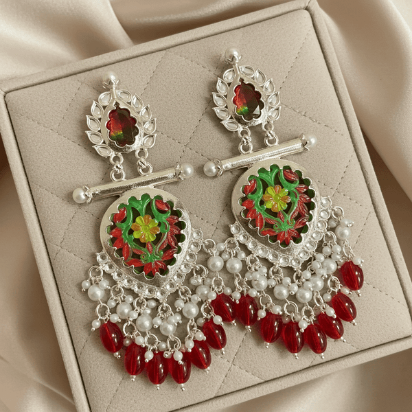 Tessara Silver-Plated Hand-Painted Meenakari Dangler Earrings with Red Beads