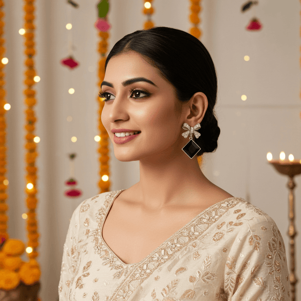 Tessara Silver-Plated Bow Drop Earrings with Black Square Stone