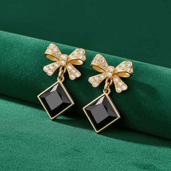 Tessara Gold-Plated Bowknot Drop Earrings with Black Square Stone