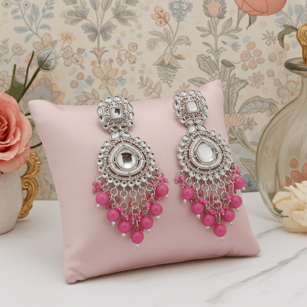 Tessara Silver Kundan Drop Earrings with Rani Pink Beads