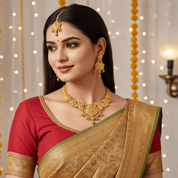 Exquisite Traditional Gold-Plated Necklace & Earrings Set – Heritage Elegance - by Tessara