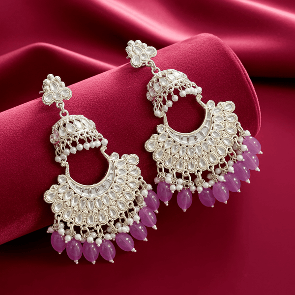 Tessara Silver-Plated Kundan Chandbali Earrings with Lavender Beads