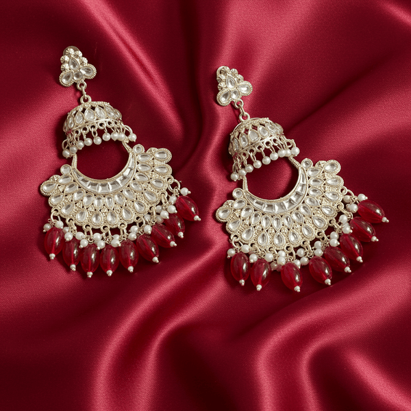 Tessara Gold Kundan Pearl Chandbali with Ruby Red Beads