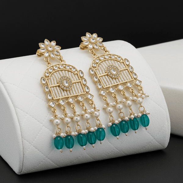 Tessara Gold-Plated Kundan Chandelier Earrings with Rama Green Beads