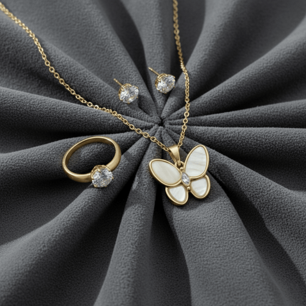 Tessara Gold-Plated Translucent Stone Butterfly Pendant Set