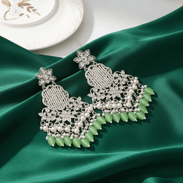 Tessara Silver Kundan Chandeliers with Pista Green Beads