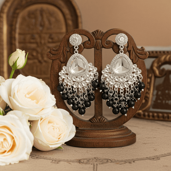 Tessara Silver-Plated Kundan Teardrop Earrings with Black Beaded Fringe