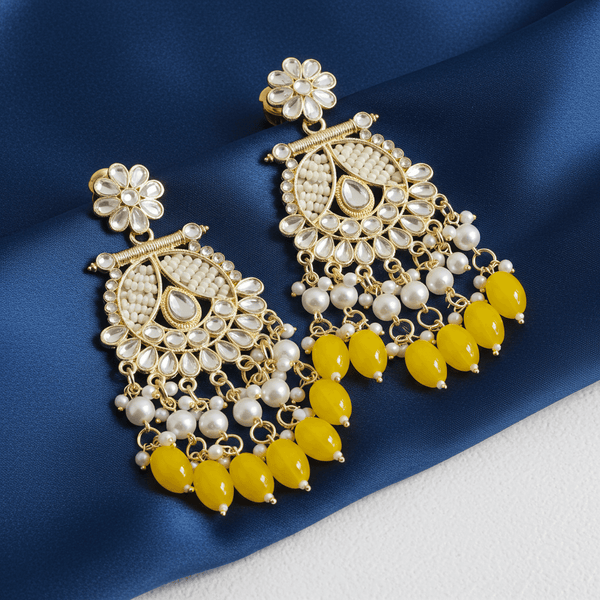 Tessara Gold-Plated Kundan & Pearl Chandbali Earrings with Yellow Beads