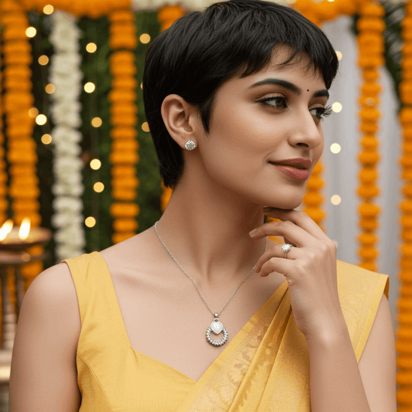 Tessara Silver-Plated White Halo Heart & Solitaire Pendant Set with Ring