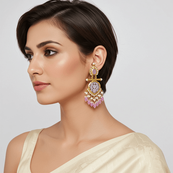 Tessara Gold-Plated Carved Stone & Pearl Drop Earrings in Lavender