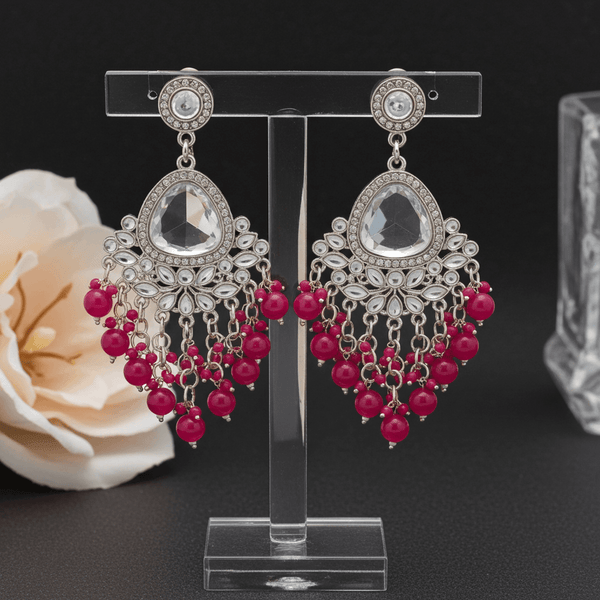 Tessara Silver-Plated Kundan Chandelier Earrings with Rani Pink Beaded Tassels