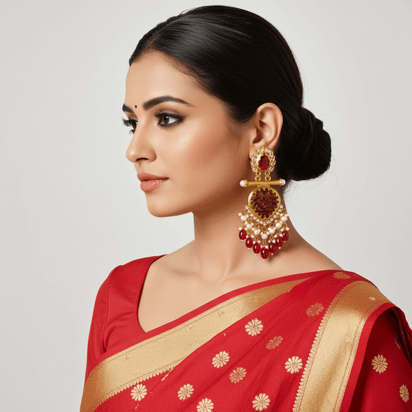 Tessara Gold Carved Stone & Pearl Danglers in Maroon